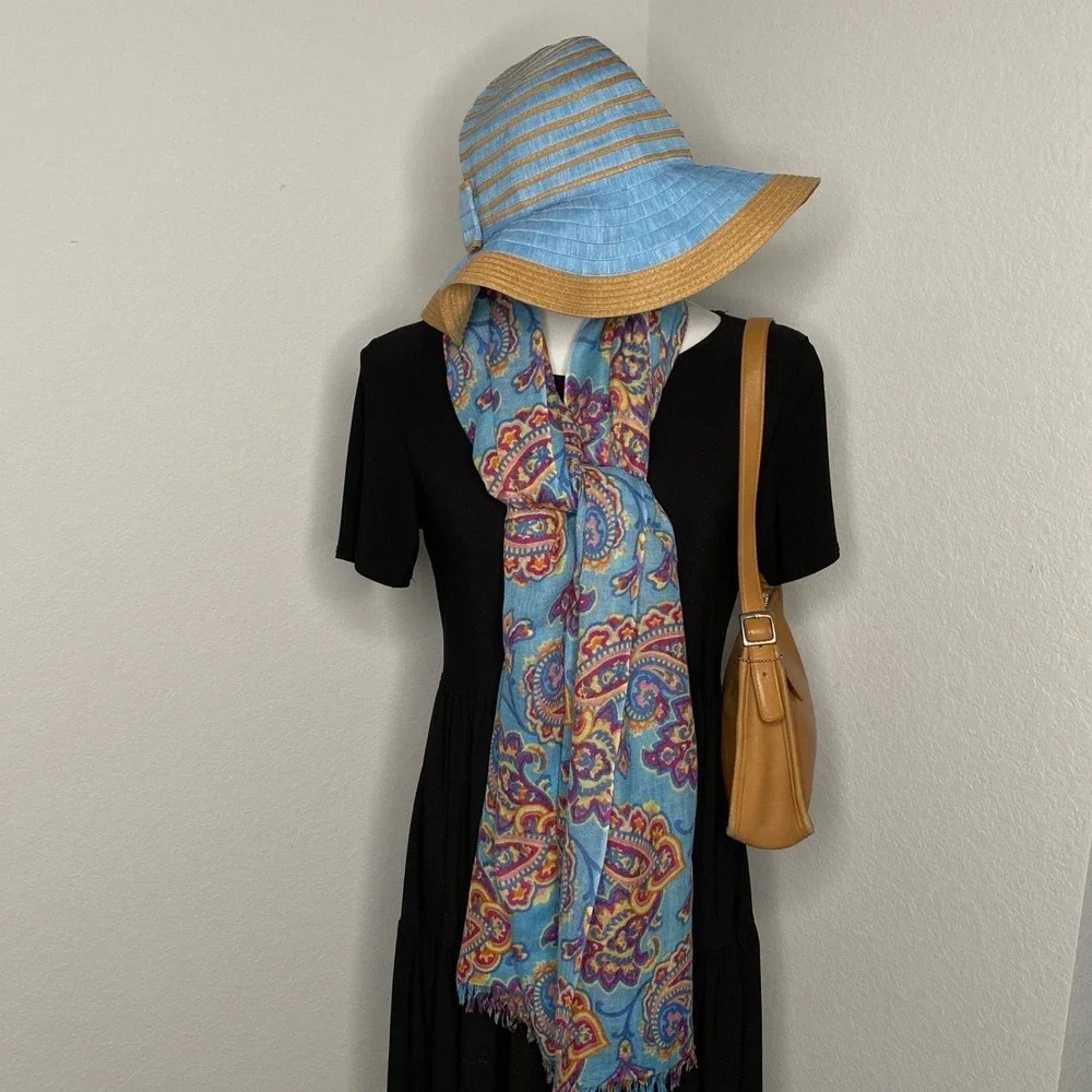 Peter Millar Silk Cashmere Paisley Scarf Blue Pink‎ Fringe 27x72 Quiet Luxury